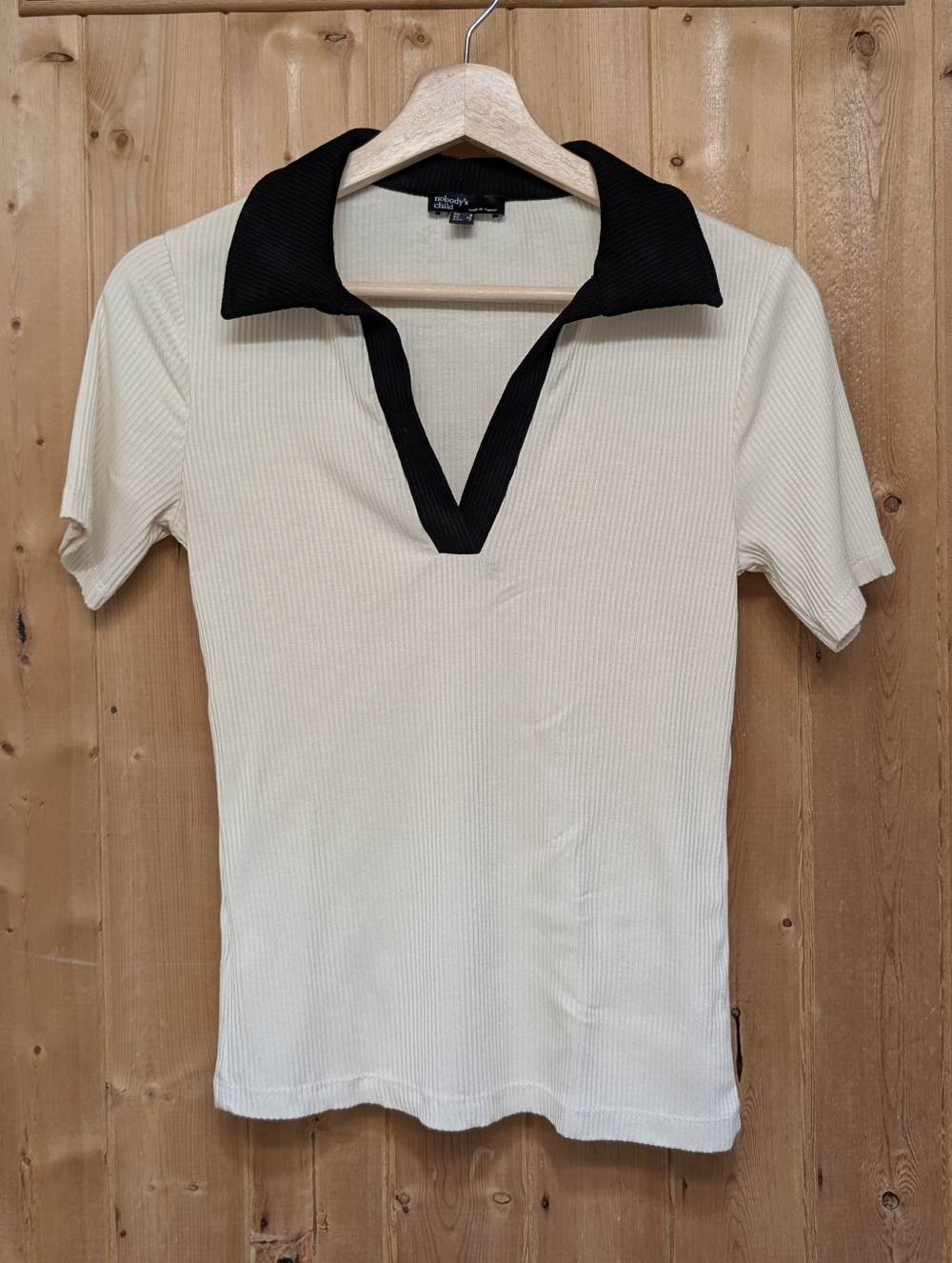 Nobody's Child Cream Knit Short Sleeve Polo with Black Collar